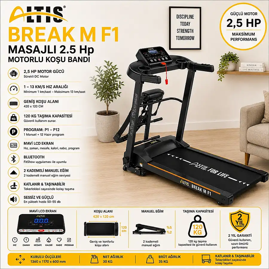 Altis Break M 2,5 Hp Masajlı Ve Manuel Eğimli Koşu Bandı